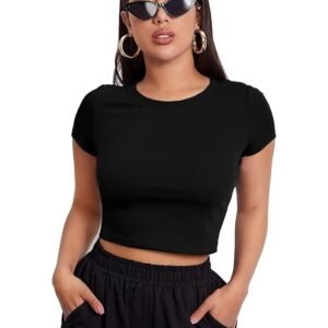 Aahwan Black Solid Ribbed Slim Fit Baby Tee Crop Top for Women's & Girls' (116_Black-L)
