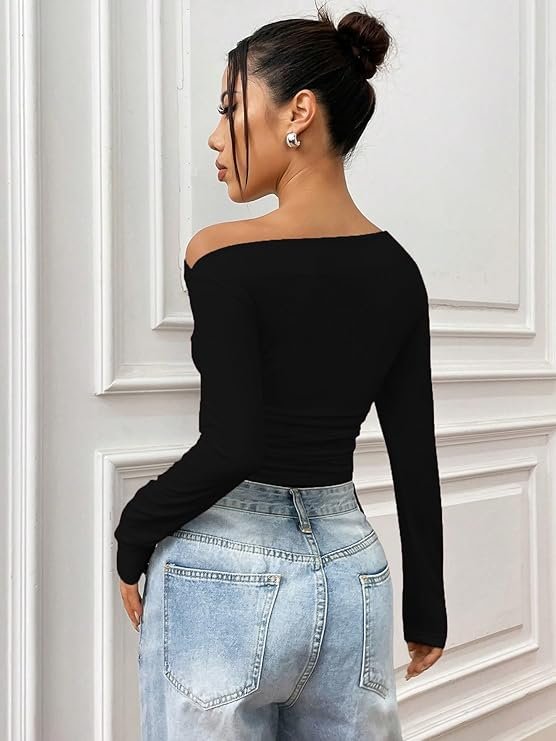 Istyle Can Solid Black Color Asymmetric Collar Pleated Cropped Top - Asymmetrical Neck, Ruched Design, Regular Sleeve, Casual, Long Sleeve | Full Sleeve, Crop Length, Slim Fit - Image 3
