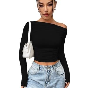 Istyle Can Solid Black Color Asymmetric Collar Pleated Cropped Top - Asymmetrical Neck, Ruched Design, Regular Sleeve, Casual, Long Sleeve | Full Sleeve, Crop Length, Slim Fit