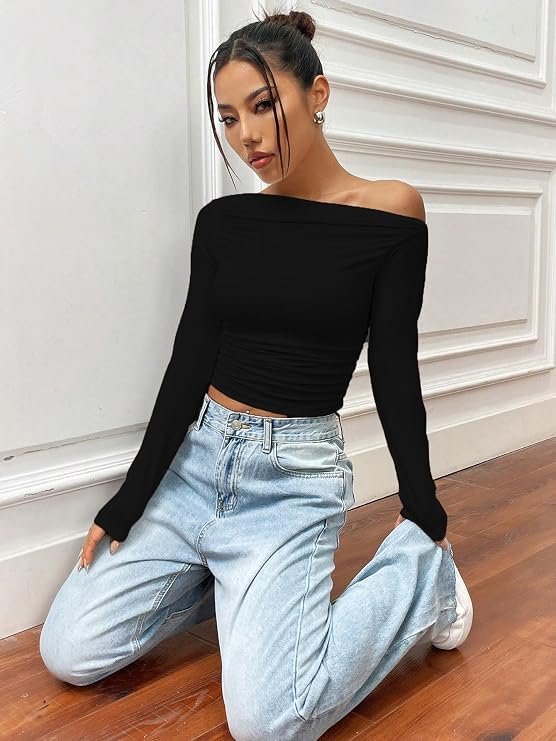 Istyle Can Solid Black Color Asymmetric Collar Pleated Cropped Top - Asymmetrical Neck, Ruched Design, Regular Sleeve, Casual, Long Sleeve | Full Sleeve, Crop Length, Slim Fit - Image 2
